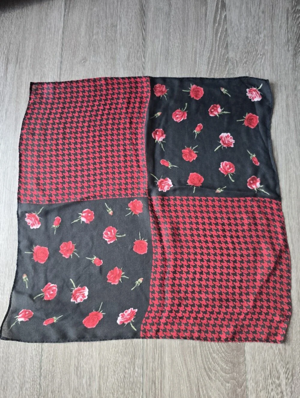 Talbots Red Black Houndstooth Roses Patchwork Square Scarf Rockabilly Preppy